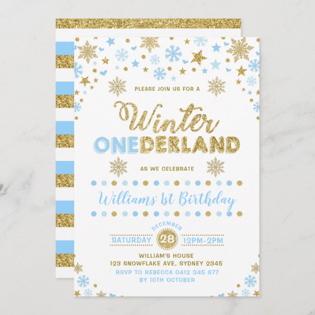 Hiver ONE derland Anniversaire Invitation Blue Gol (Devant / Derrière)