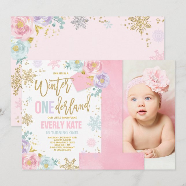 Hiver ONE derland Anniversaire Invitation Or rose (Devant / Derrière)