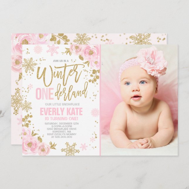 Hiver ONE derland Anniversaire Invitation Or rose (Devant / Derrière)