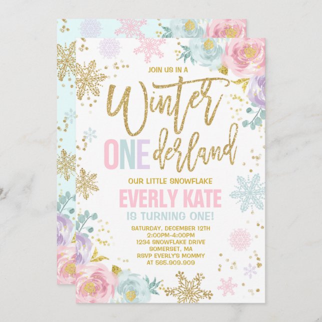 Hiver ONE derland Anniversaire Invitation Or rose (Devant / Derrière)