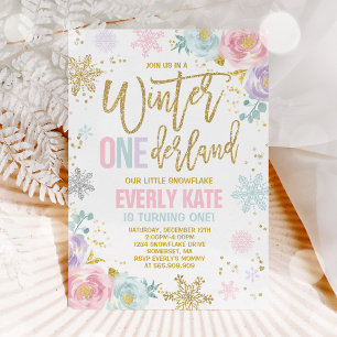 Hiver ONE derland Anniversaire Invitation Or rose