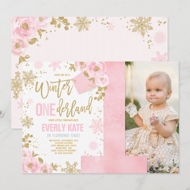 Hiver ONE derland Anniversaire Invitation Or rose (Devant / Derrière)