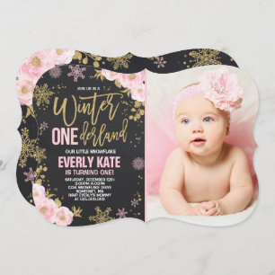 Hiver ONE derland Anniversaire Invitation Or rose