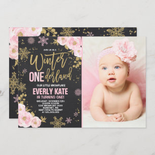 Hiver ONE derland Anniversaire Invitation Or rose