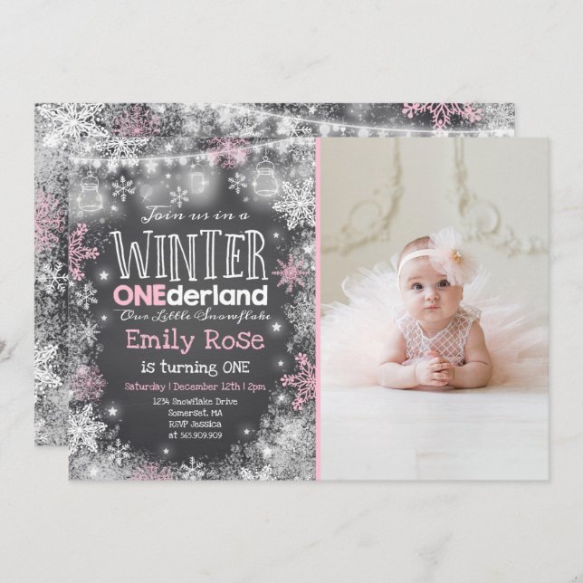 Hiver ONE derland Anniversaire Invitation Rose Bla (Devant / Derrière)