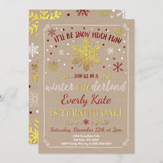 Hiver ONE derland Anniversaire Invitation Rouge &  (Devant / Derrière)