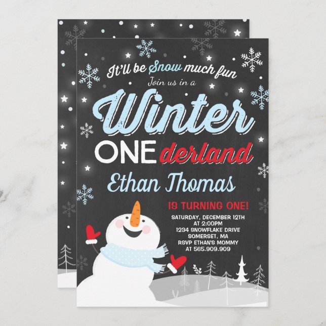 Hiver ONE derland Anniversaire Invitation Snowman  (Devant / Derrière)