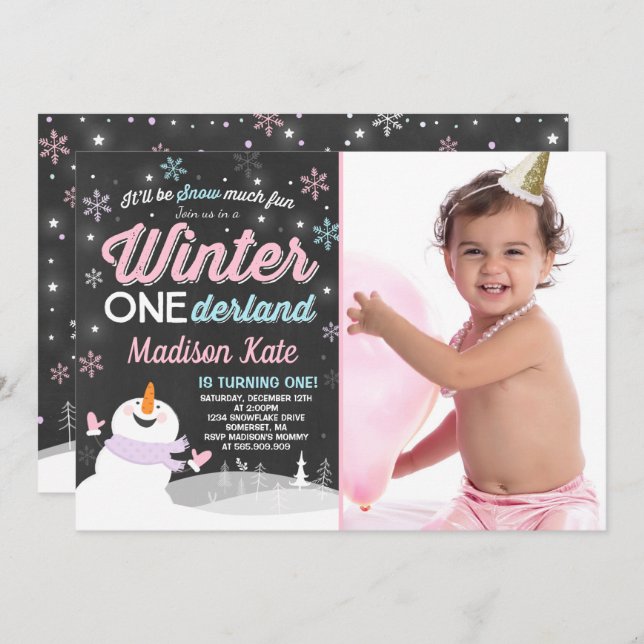 Hiver ONE derland Anniversaire Invitation Snowman  (Devant / Derrière)