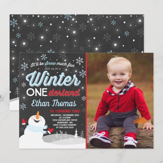 Hiver ONE derland Anniversaire Invitation Snowman  (Devant / Derrière)