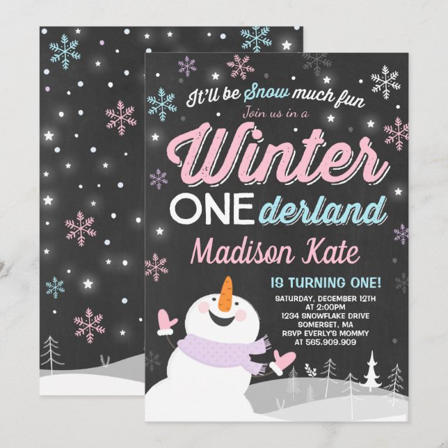 Hiver ONE derland Anniversaire Invitation Snowman  (Devant / Derrière)