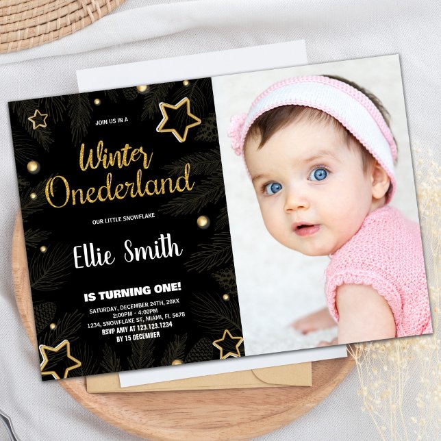 Hiver ONE derland Anniversaire Invitations Black P (Winter ONEderland Birthday Invitations Black Photo)