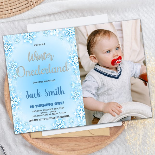 Hiver ONE derland Anniversaire Invitations Bleu Ph (Winter ONEderland Birthday Invitations Blue Photo)