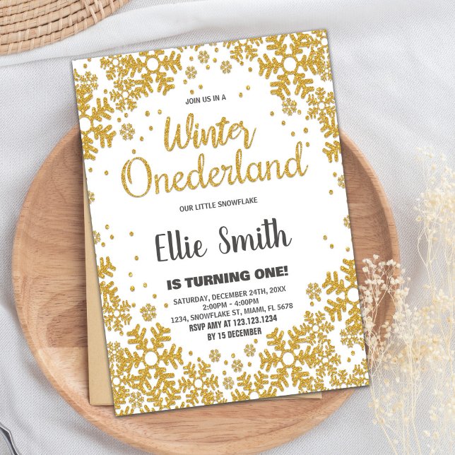 Hiver ONE derland Anniversaire Invitations Golden (Winter ONEderland Birthday Invitations Golden)