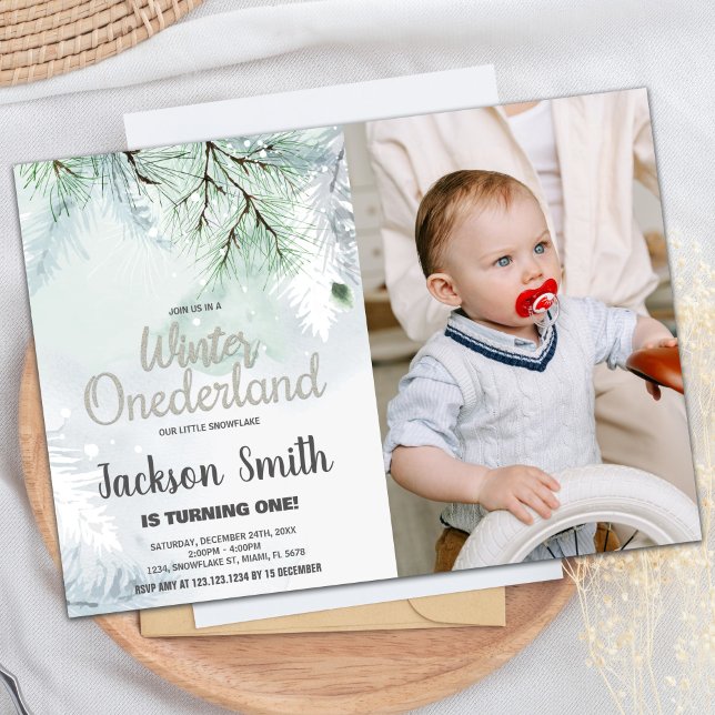 Hiver ONE derland Anniversaire Invitations Pine Ph (Winter ONEderland Birthday Invitations Pine Photo)