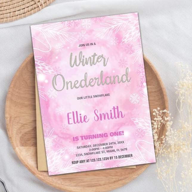 Hiver ONE derland Anniversaire Invitations Pink Gl (Winter ONEderland Birthday Invitations Pink Glitte)
