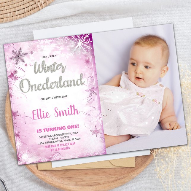 Hiver ONE derland Anniversaire Invitations Pink Ph (Winter ONEderland Birthday Invitations Pink Photo)