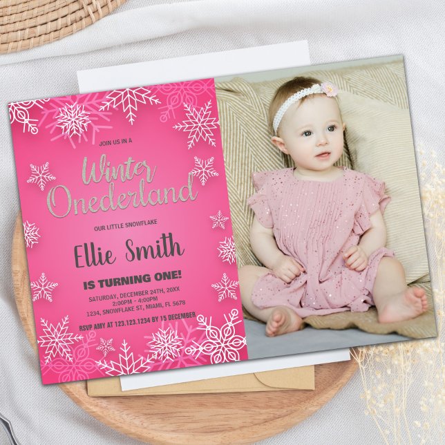 Hiver ONE derland Anniversaire Invitations Pink Ph (Winter ONEderland Birthday Invitations Pink Photo)