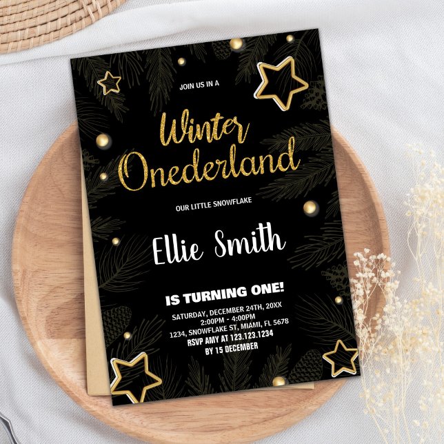 Hiver ONE derland Anniversaire Invitations Star Bl (Winter ONEderland Birthday Invitations Star Black)