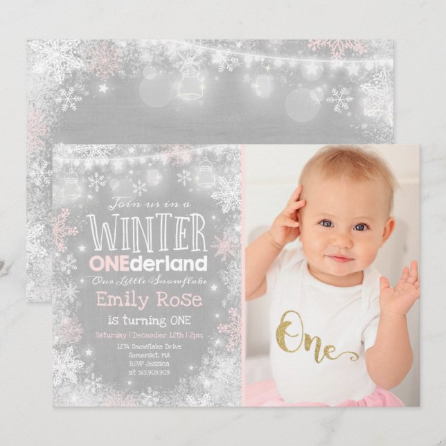 Hiver ONE derland Invitation Anniversaire Blanc ro (Devant / Derrière)