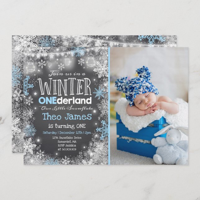 Hiver ONE derland Invitation Anniversaire Bleu Bla (Devant / Derrière)