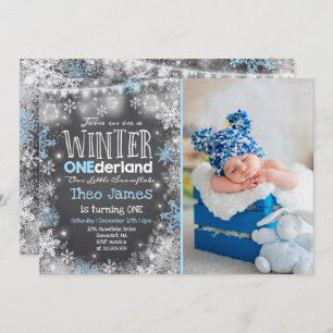 Hiver ONE derland Invitation Anniversaire Bleu Bla