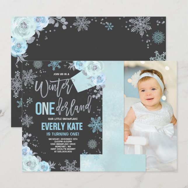 Hiver ONE derland Invitation Anniversaire Blue Sil (Devant / Derrière)