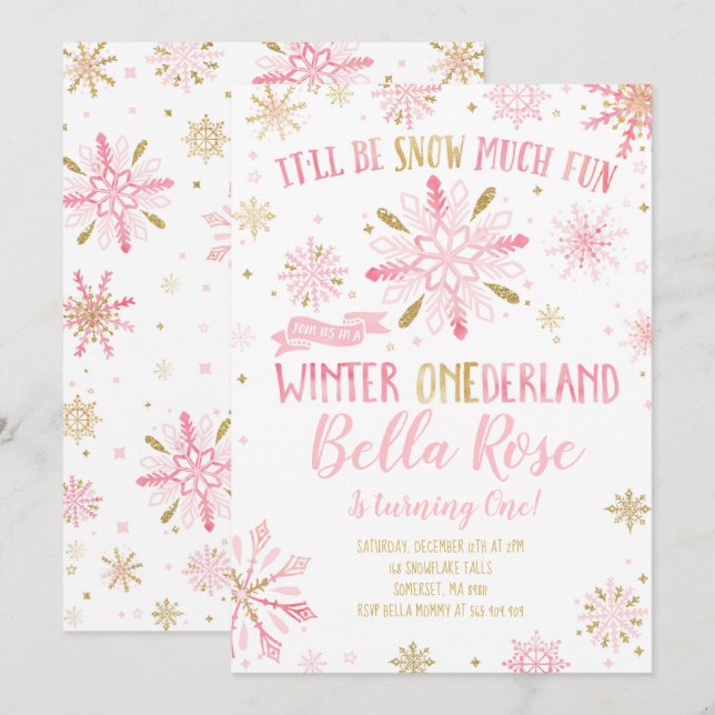 Hiver ONE derland Invitation Anniversaire Pink Gol (Devant / Derrière)