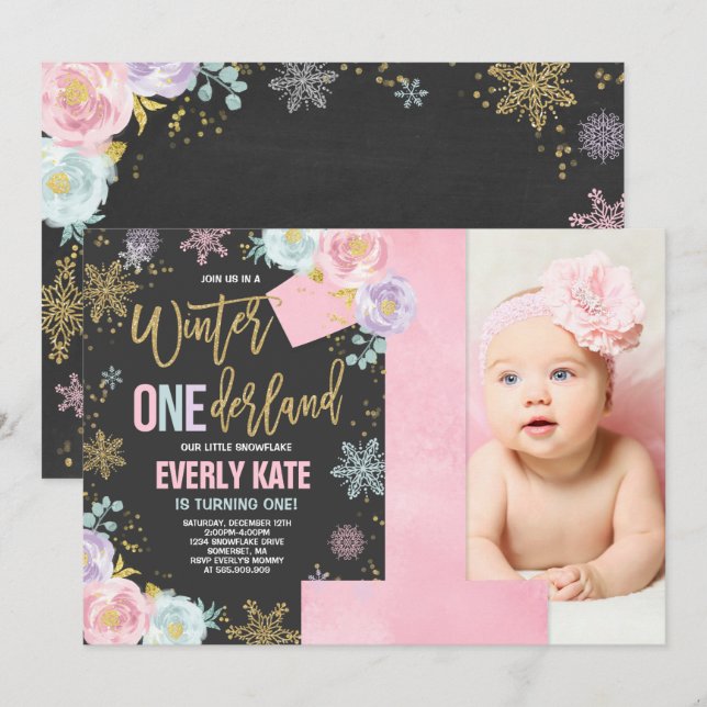 Hiver ONE derland Invitation Anniversaire Pink Gol (Devant / Derrière)