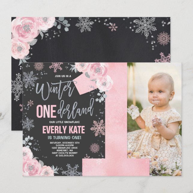 Hiver ONE derland Invitation Anniversaire Pink Sil (Devant / Derrière)