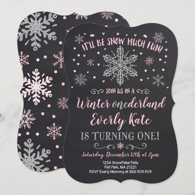 Hiver ONE derland Invitation Anniversaire Pink Sil (Devant / Derrière)