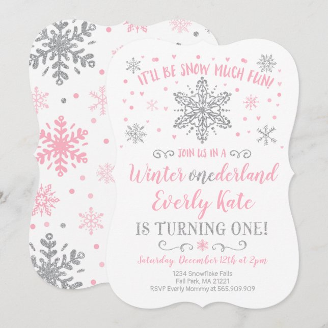 Hiver ONE derland Invitation Anniversaire Pink Sil (Devant / Derrière)