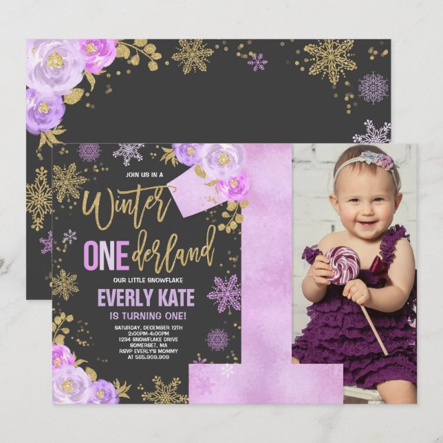Hiver ONE derland Invitation Anniversaire Purple G (Devant / Derrière)