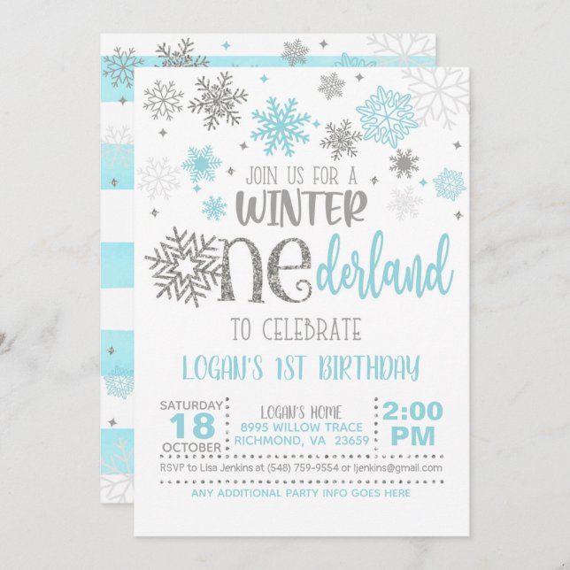 Hiver ONE derland Invitation d'anniversaire - Garç (Devant / Derrière)