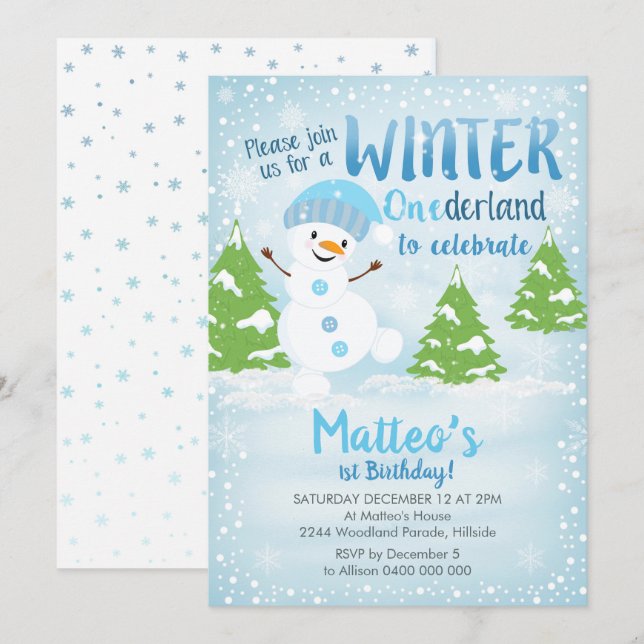Hiver Onederland 1er anniversaire Invitation Snowm (Devant / Derrière)