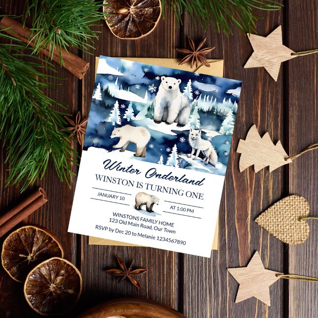 Hiver onederland animaux arctiques anniversaire in (Winter onederland arctic animals birthday party budget  invitation white and blue affordable invite)