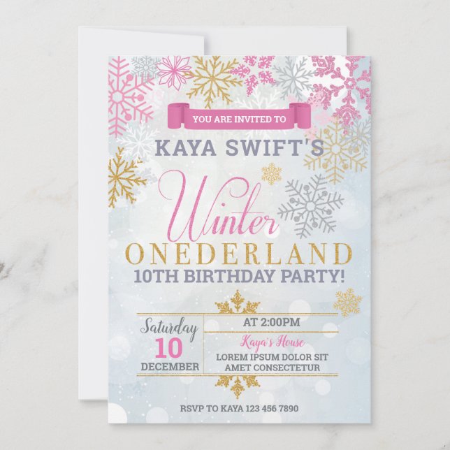 Hiver Onederland Anniversaire Invitation Or et ros (Devant)