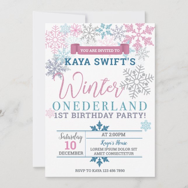 Hiver Onederland Anniversaire Invitation rose et b (Devant)