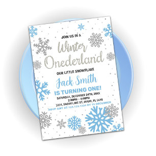 Hiver Onederland Anniversaire Invitations Bleu Bla