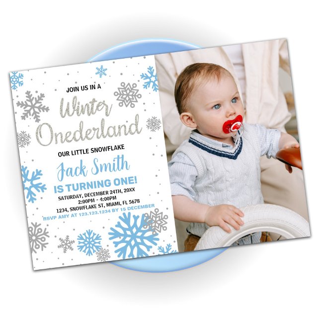 Hiver Onederland Anniversaire Invitations Bleu Pho (Winter Onederland Birthday Invitations Blue Photo)