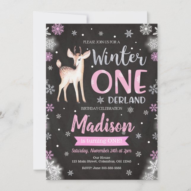 Hiver ONEderland Deer 1er Anniversaire Invitation (Devant)