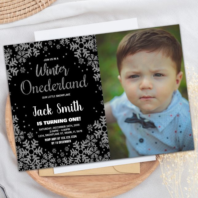 Hiver ONEderland Invitations Black Silver Photo (Winter ONEderland Invitations Black Silver Photo)