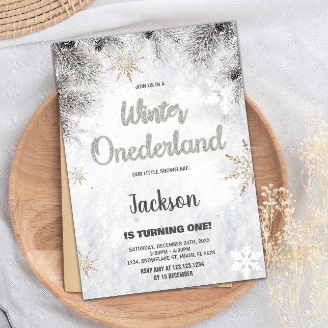 Hiver ONEderland Invitations Pine Parties scintill (Winter ONEderland Invitations Pine Silver Glitter)