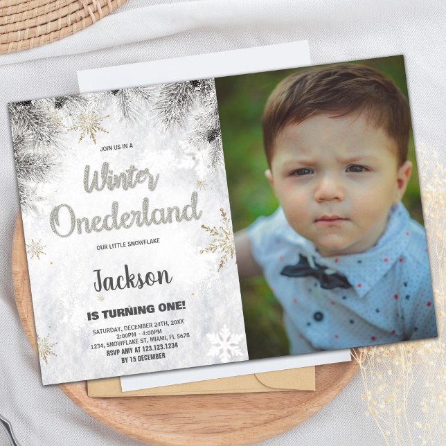 Hiver ONEderland Invitations Pine Silver Photo (Winter ONEderland Invitations Pine Silver Photo)