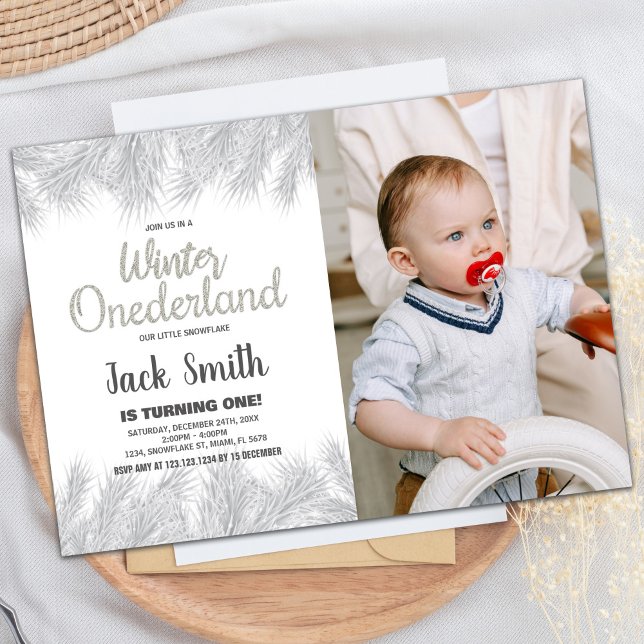 Hiver ONEderland Invitations Silver Pine Photo (Winter ONEderland Invitations Silver Pine Photo)
