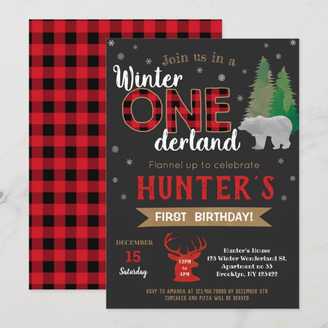 Hiver Onederland Lumberjack Invitations d'annivers (Devant / Derrière)