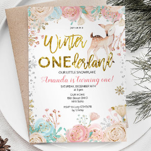 Hiver ONEderland Neige Anniversaire Invitation ros