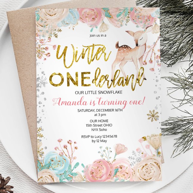 Hiver ONEderland Neige Anniversaire Invitation ros (Créateur téléchargé)