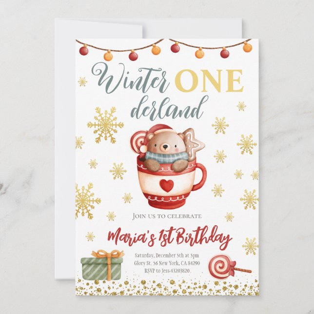 Hiver Onederland Ours Anniversaire Invitation (Devant)