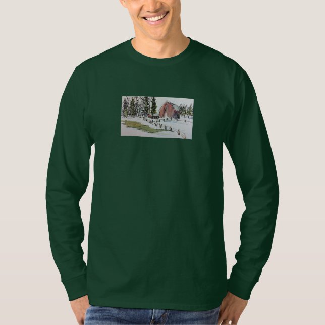 Hiver Red Barn aquarelle long manches t-shirt (Devant)