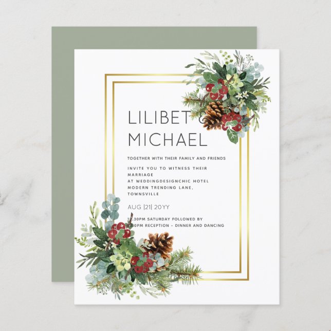 Hiver Red Berries Pine Cones Mariage (Devant / Derrière)